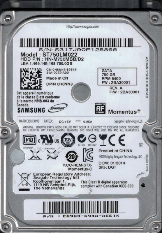 Samsung ST750LM022 HN-M750MBB/D2 750GB F/W: 2BA30001 Seagate