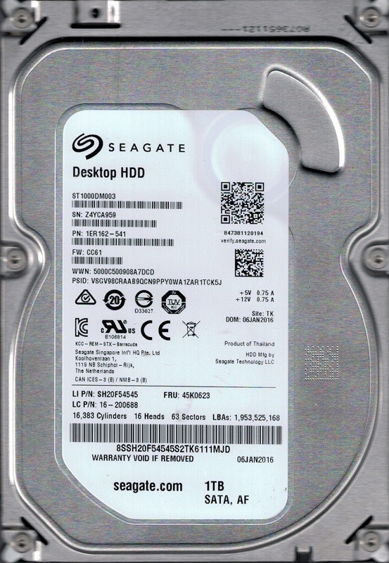 ST1000DM003 P/N: 1ER162-541 F/W: CC61 TK Z4Y Seagate 1TB Desktop HDD