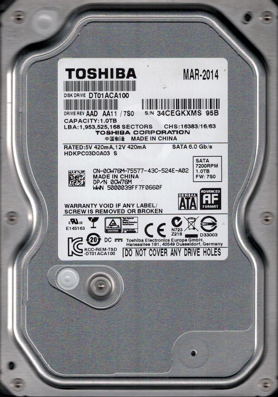 DT01ACA100 AAD AA11/7S0 Toshiba 1TB