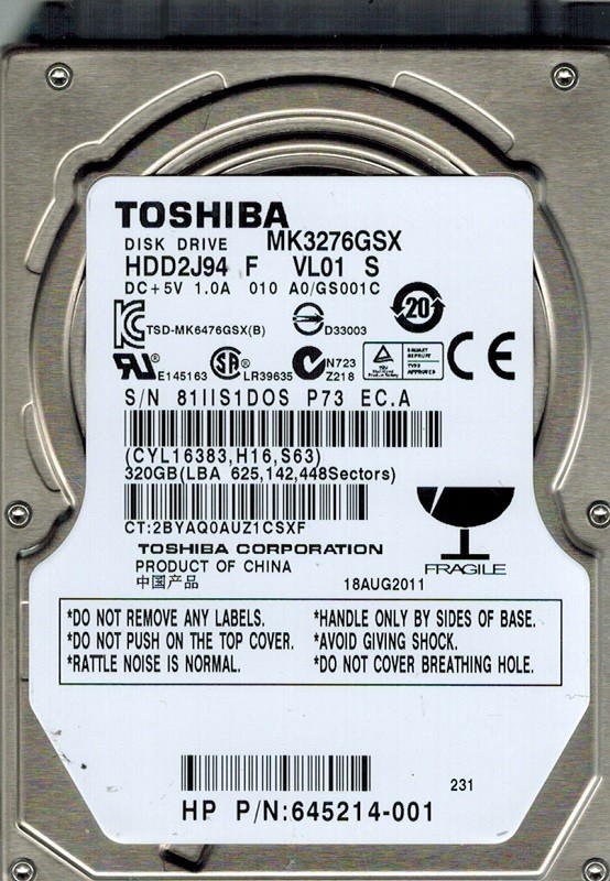 MK3276GSX HDD2J94 F VL01 S Toshiba 320GB F/W: A0/GS001C