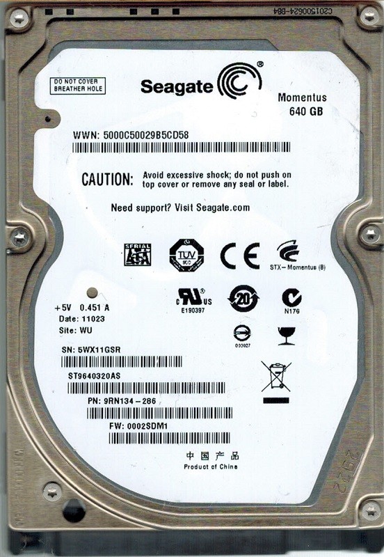 Seagate ST9640320AS P/N: 9RN134-286 F/W: 0002SDM1 WU 640GB