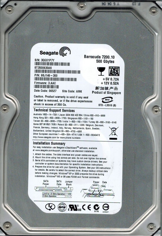 Seagate ST3500630AS F/W: 3.AAC P/N: 9BJ146-300 AMK 500GB