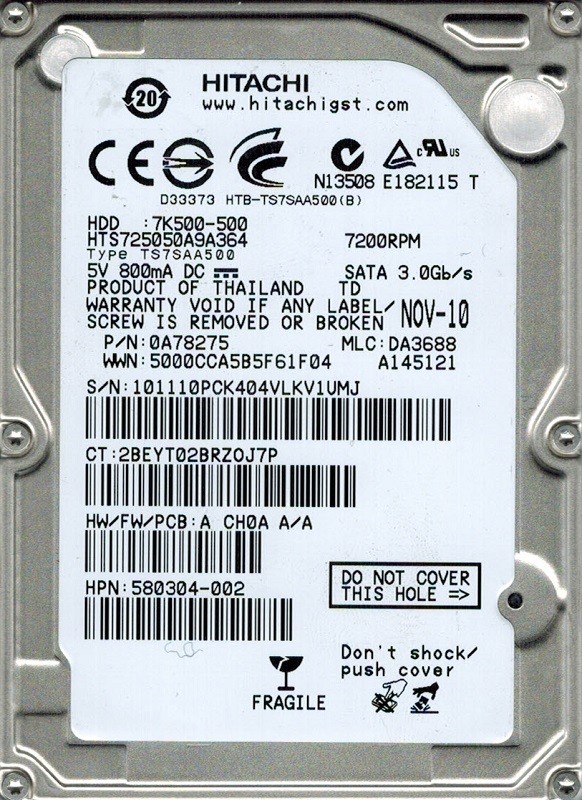 HTS725050A9A364 Hitachi P/N: 0A78275 MLC: DA3688 500GB