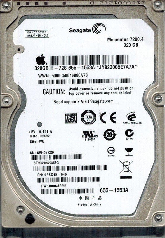 Seagate ST9320423ASG P/N: 9PSG4E-040 F/W: 0006APM2 320GB MAC 655-1553A WU