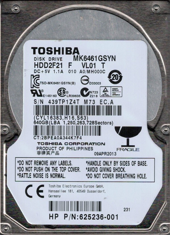 Toshiba MK6461GSYN HDD2F21 F VL01 T F/W: A0/MH000C 500GB
