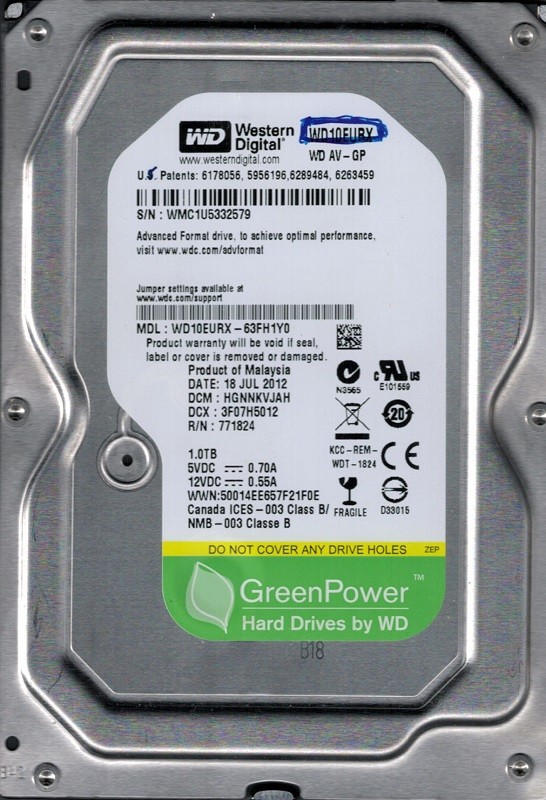 Western Digital WD10EURX-63FH1Y0 1TB DCM: HGNNKVJAH