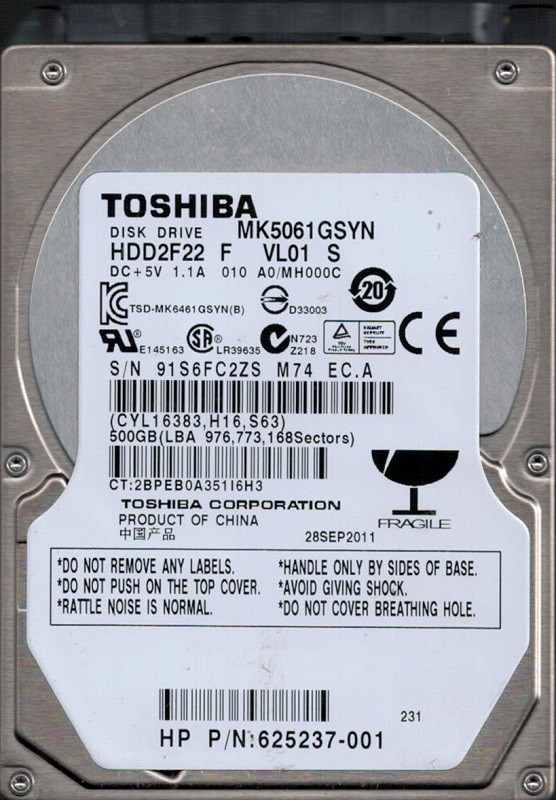 Toshiba MK5061GSYN 500GB HDD2F22 F VL01 S F/W: A0/MH000C CHINA