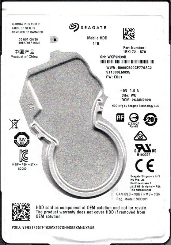 ST1000LM035 P/N: 1RK172-570 F/W: EB01 WU WKP Seagate Mobile HDD 1TB