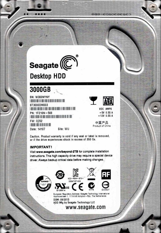 ST3000DM003 P/N: 1F216N-568 F/W: CC52 WU W30 09/2013 Seagate 3TB