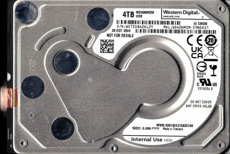 WD40NMZM-59BDES1 USB C WX72D OCT 2024 Thailand Western Digital 4TB