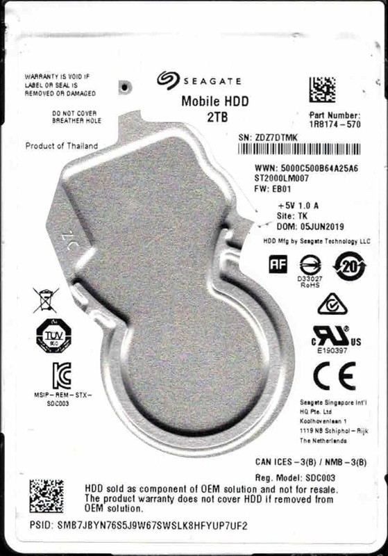 ST2000LM007 P/N: 1R8174-570 F/W: EB01 TK ZDZ7 JUN 2019 2TB Seagate