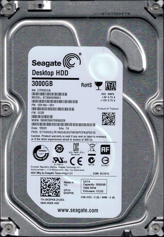 Seagate ST3000DM001 P/N: 1ER166-501 F/W: CC25 3TB TK Z7P