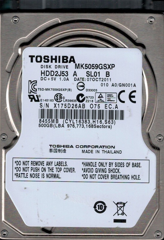 Toshiba MK5059GSXP 500GB HDD2J53 A SL01 B F/W: A0/GN001A Thailand
