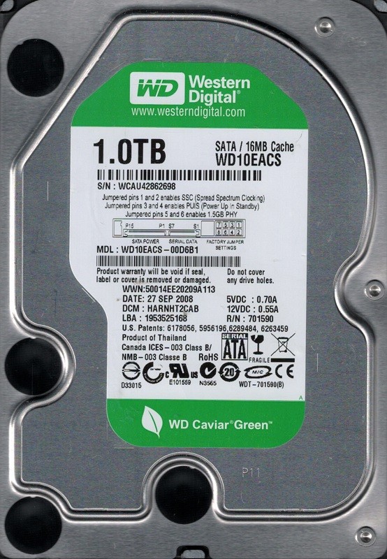 WD10EACS-00D6B1 Western Digital 1TB DCM: HARNHT2CAB WCAU4