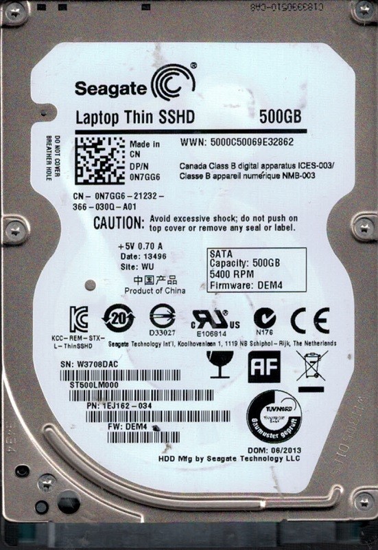 ST500LM000 P/N: 1EJ162-034 F/W: DEM4 WU W37 Seagate 500GB SSHD