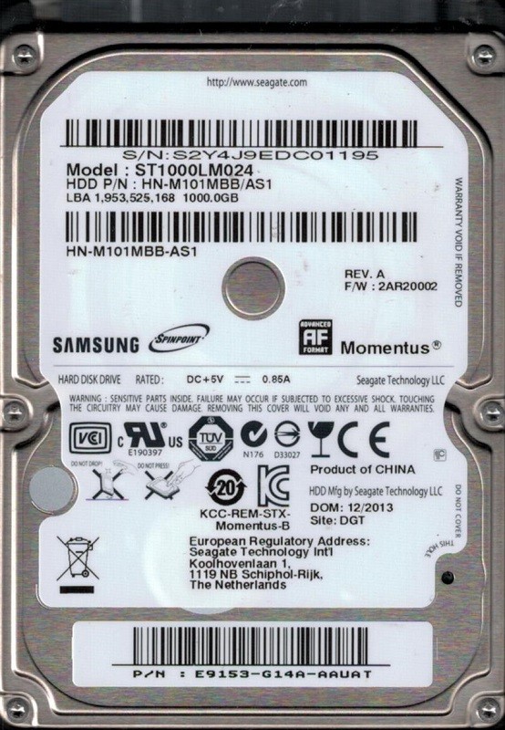 Samsung ST1000LM024 P/N: HN-M101MBB/AS1 F/W: 2AR20002 1TB Seagate