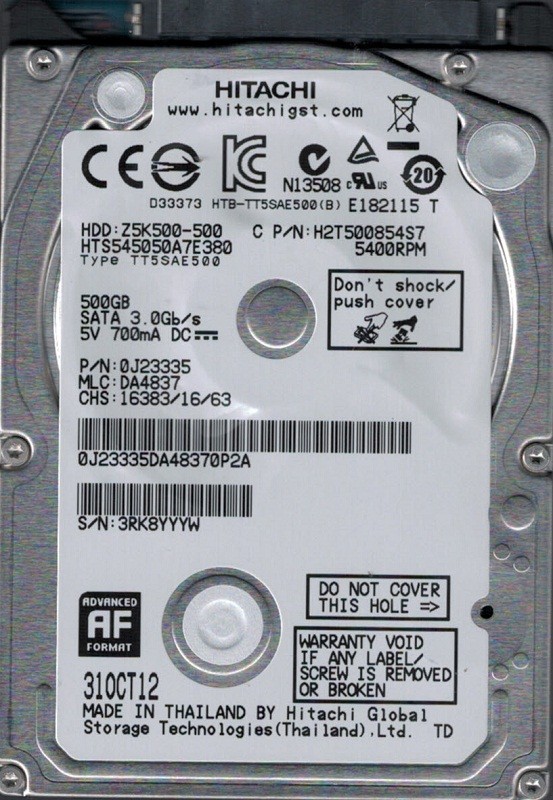 Hitachi HTS545050A7E380 P/N: 0J23335 MLC: DA4837 Thailand 500GB