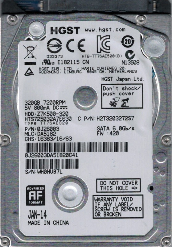 HTS725032A7E630 P/N: 0J26003 MLC: DA5182 HGST 320GB