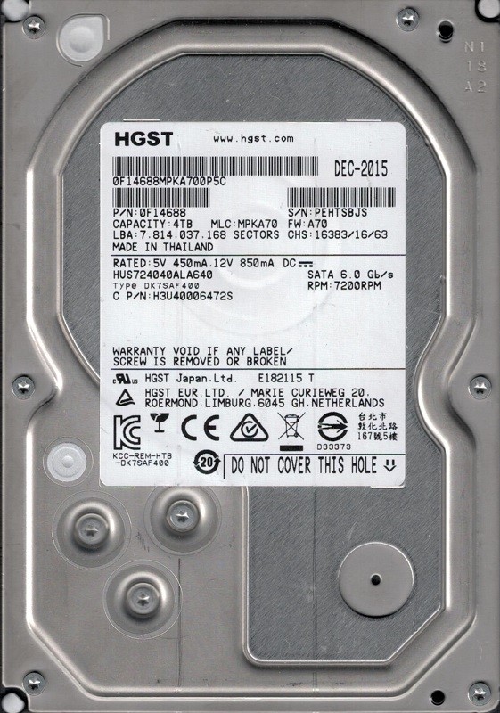 HUS724040ALA640 P/N: 0F14688 MLC: MPKA70 Thailand HGST 4TB
