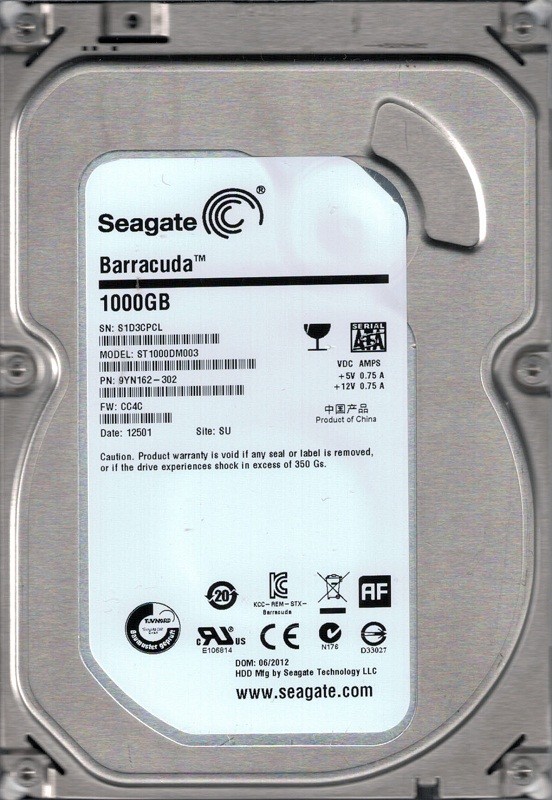 ST1000DM003 P/N: 9YN162-302 F/W: CC4C SU S1D Seagate 1TB