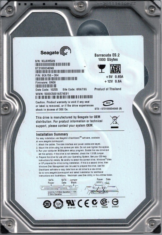 ST31000340NS P/N: 9CA158-304 F/W: SN06 KRATSG 9QJ Seagate 1TB