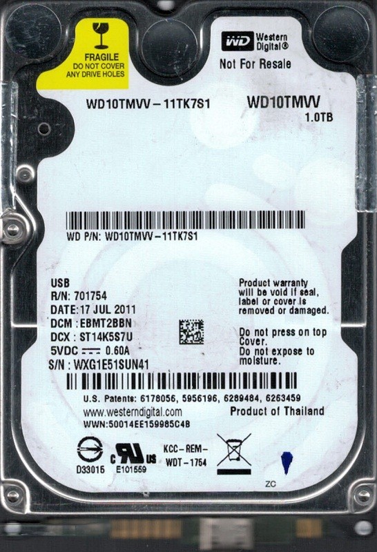 Western Digital WD10TMVV-11TK7S1 USB 2.0 1TB DCM: EBMT2BBN