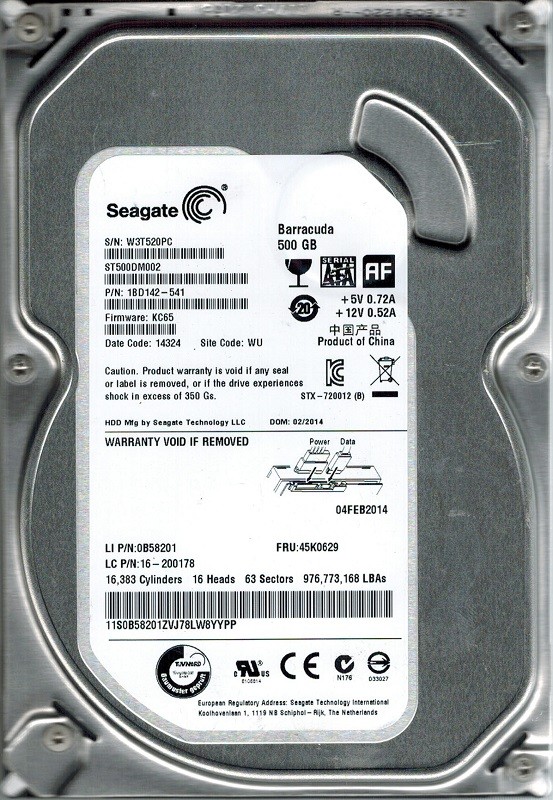 Seagate ST500DM002 P/N: 1BD142-541 F/W: KC65 500GB WU