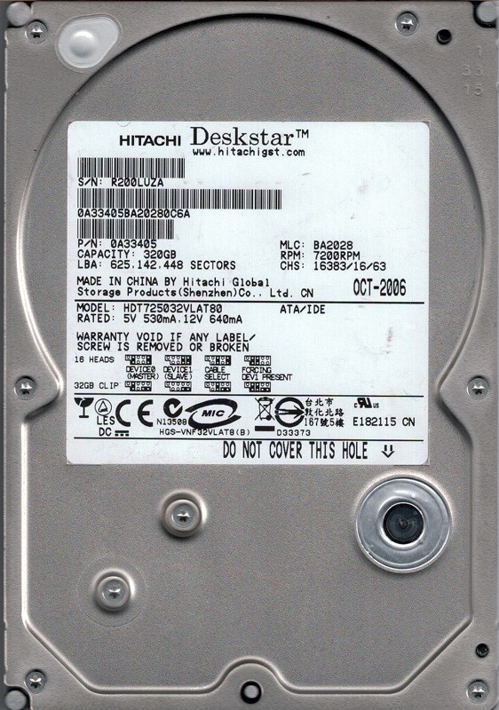 Hitachi HDT725032VLAT80 P/N: 0A33405 MLC: BA2028 320GB