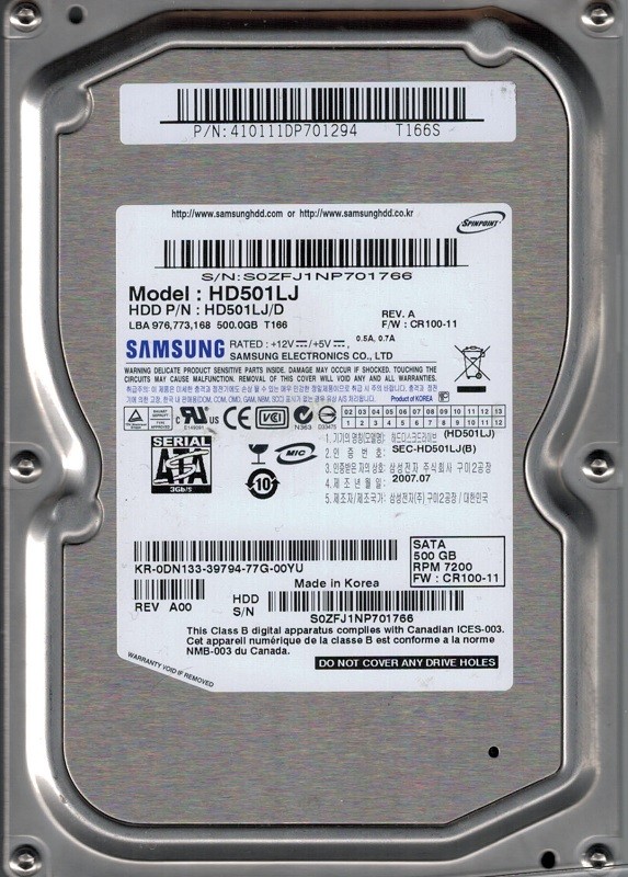 Samsung HD501LJ/D SPINPOINT 500GB P/N: 410111DP701294 Korea