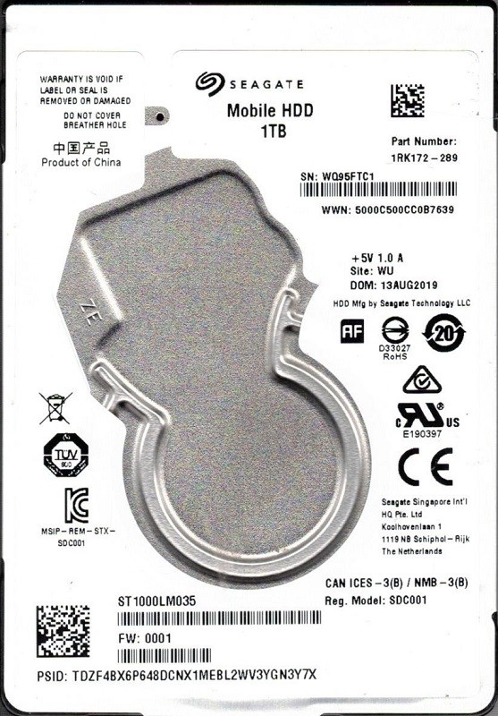 ST1000LM035 P/N: 1RK172-289 F/W: 0001 WU WQ9 Seagate 1TB Mobile HDD
