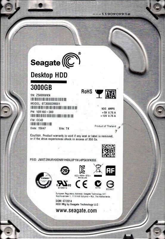ST3000DM001 P/N: 1ER166-300 F/W: CC43 TK Z50 Seagate Desktop HDD 3TB