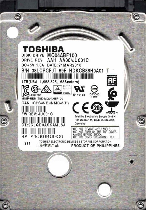 MQ04ABF100 AAH AA00/JU001C MAR 2018 Philippines Toshiba 1TB
