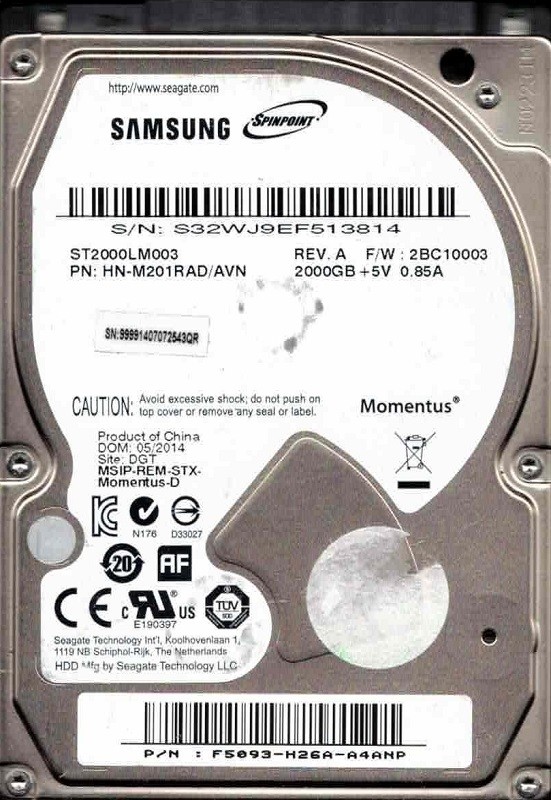 Samsung ST2000LM003 HN-M201RAD/AVN 2TB F/W: 2BC10003 DGT 05/2014 Seagate
