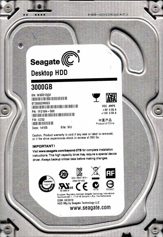 ST3000DM003 F/W: CC52 P/N: 1F216N-568 WU 09/2013 W300 Seagate 3TB