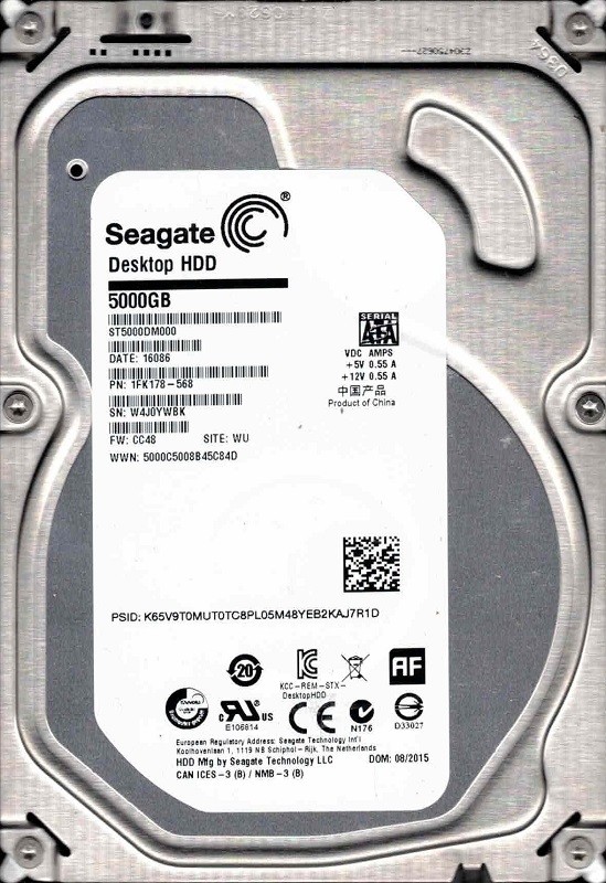 ST5000DM000 P/N: 1FK178-568 F/W: CC48 WU W4J0 08/2015 5TB Seagate Desktop HDD
