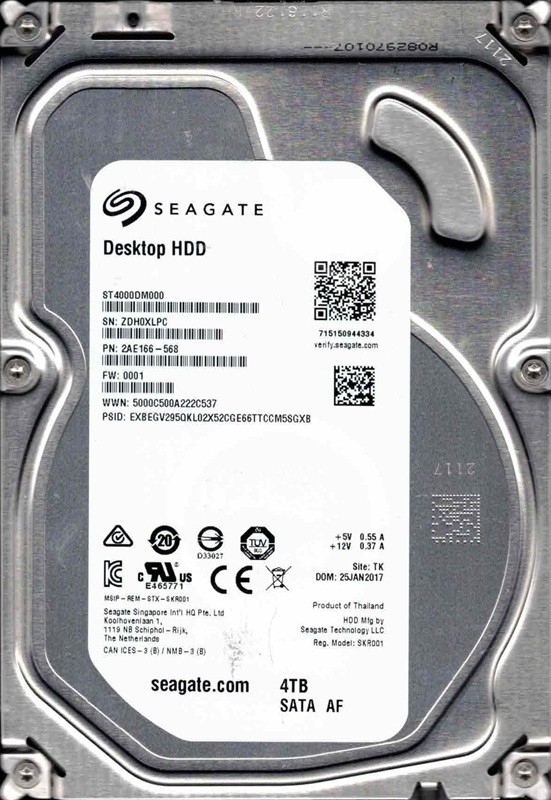ST4000DM000 P/N: 2AE166-568 F/W: 0001 TK ZDH0 JAN 2017 Seagate 4TB