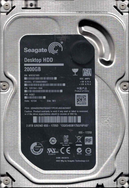 ST2000DM001 P/N: 1ER164-044 F/W: AQ03 WU W8E0 MAC 655-1725D 2TB Seagate