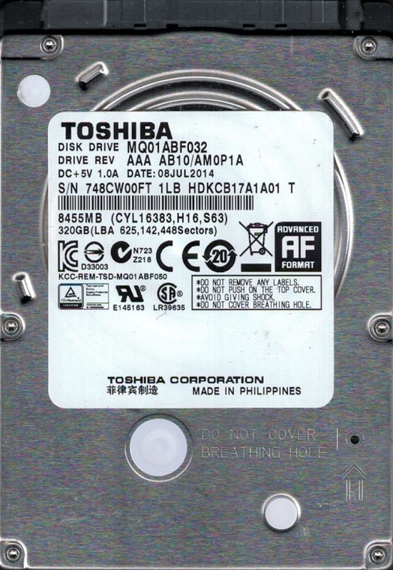 MQ01ABF032 AAA AB10/AM0P1A PHILIPPINES Toshiba 320GB