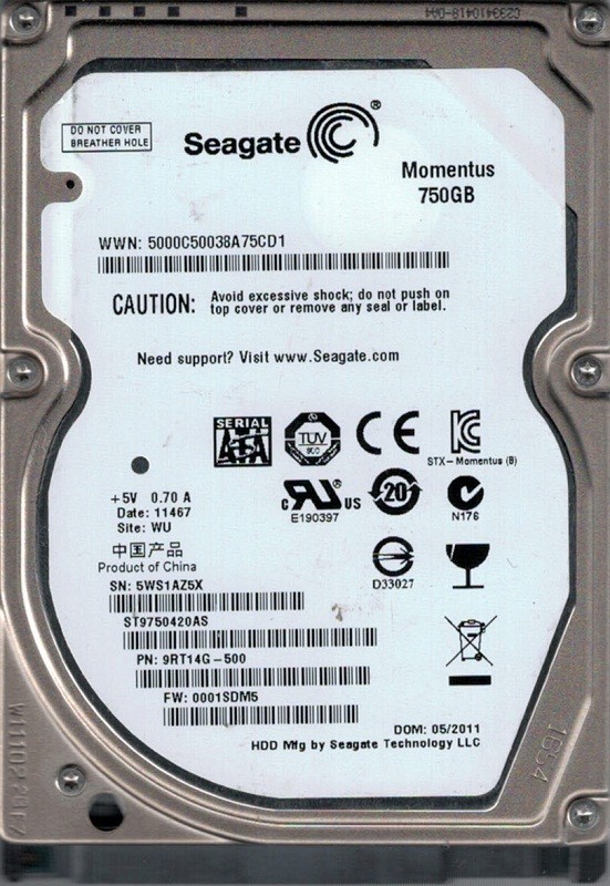 Seagate ST9750420AS P/N: 9RT14G-500 F/W: 0001SDM5 WU 750GB