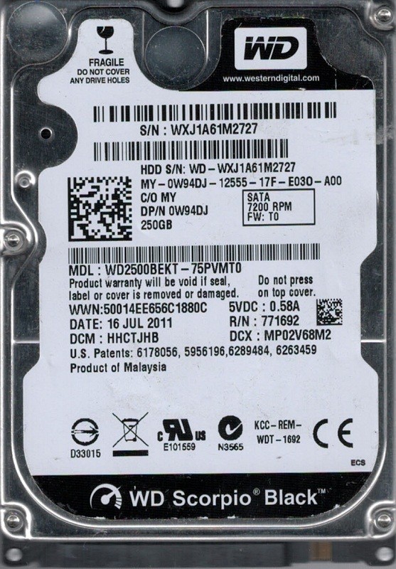Western Digital WD2500BEKT-75PVMT0 250GB DCM: HHCTJHB