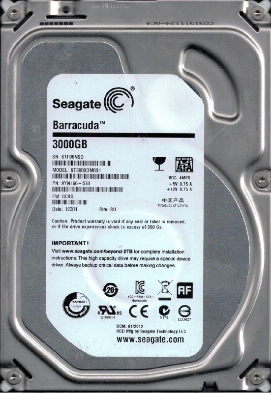 Seagate ST3000DM001 P/N: 9YN166-570 F/W: CC9D 3TB SU S1F