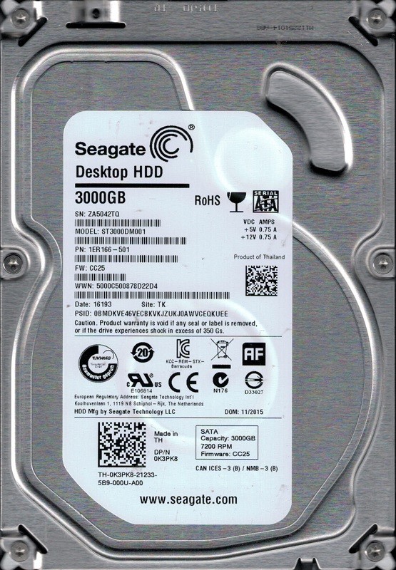 Seagate ST3000DM001 P/N: 1ER166-501 F/W: CC25 3TB TK ZA5