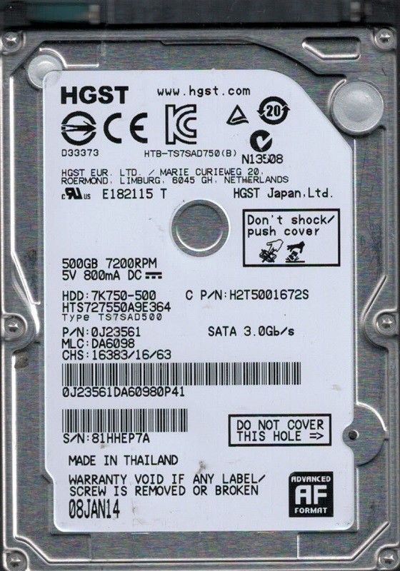 HTS727550A9E364 P/N: 0J23561 MLC: DA6098 HGST 500GB