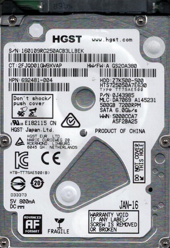 HTS725050A7E630 P/N: 0J43985 MLC: DA7069 HGST 500GB
