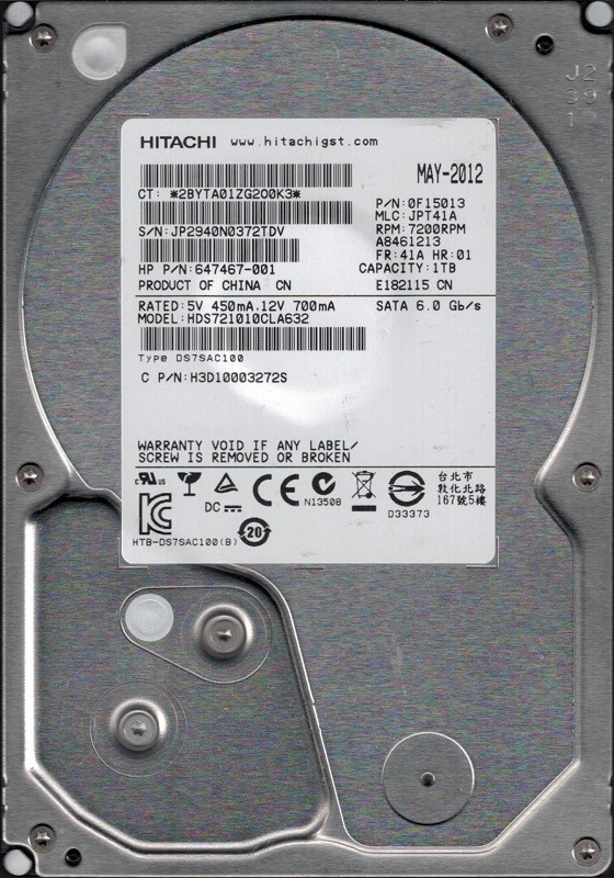 HDS721010CLA632 Hitachi MLC: JPT41A P/N: 0F15013 1TB
