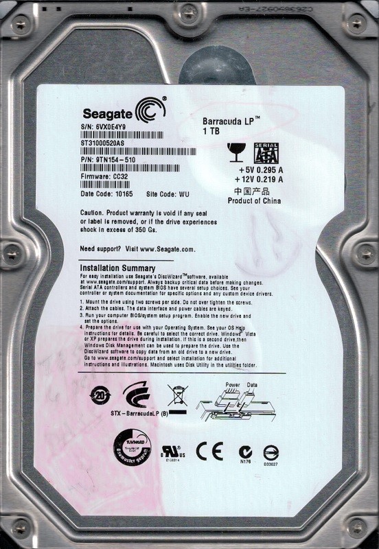 Seagate ST31000520AS P/N: 9TN154-510 F/W: CC32 1TB WU 6VX
