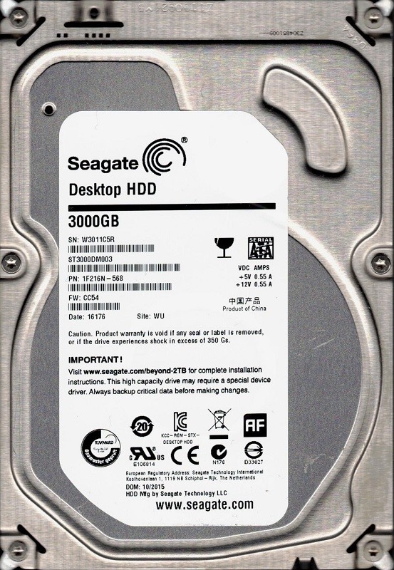 ST3000DM003 P/N: 1F216N-568 F/W: CC54 WU W30 Seagate 3TB