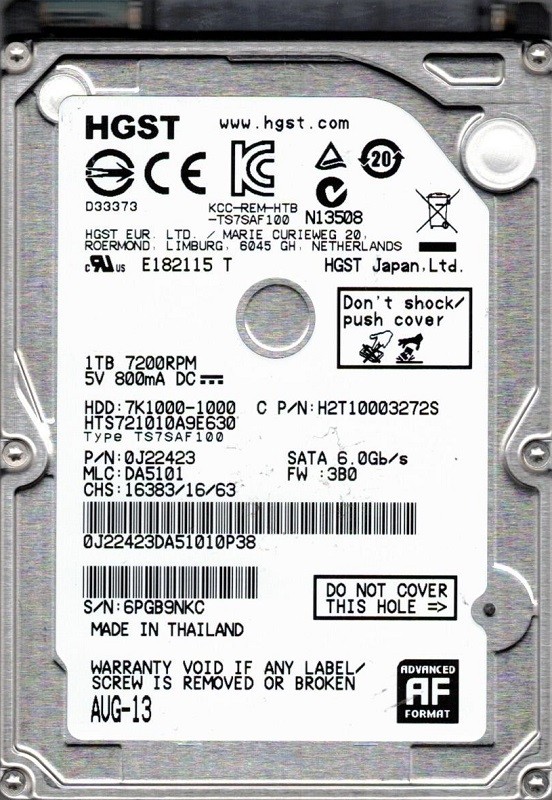 HTS721010A9E630 P/N: 0J22423 MLC: DA5101 1TB HGST