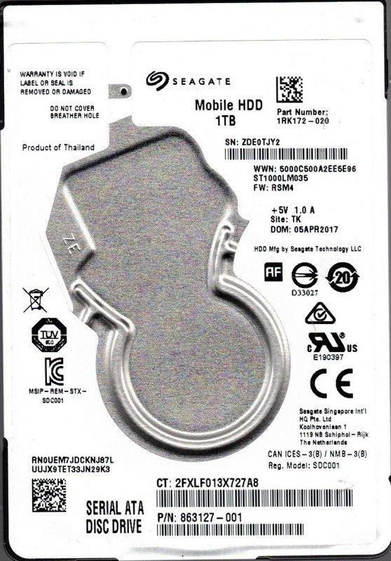 ST1000LM035 P/N: 1RK172-020 F/W: RSM4 TK ZDE Seagate 1TB