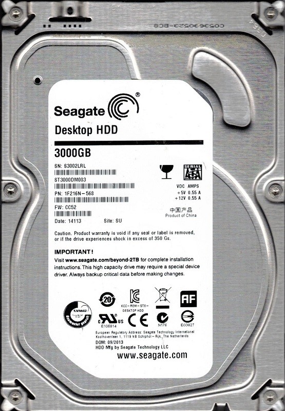 ST3000DM003 P/N: 1F216N-568 F/W: CC52 SU S30 Seagate 4TB Desktop HDD